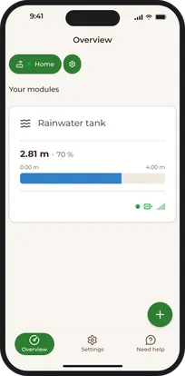 The Hastr app on a phone showing a rainwater tank at 2.81 m and 70% full