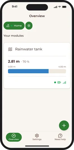 The Hastr app on a phone showing a rainwater tank at 2.81 m and 70% full